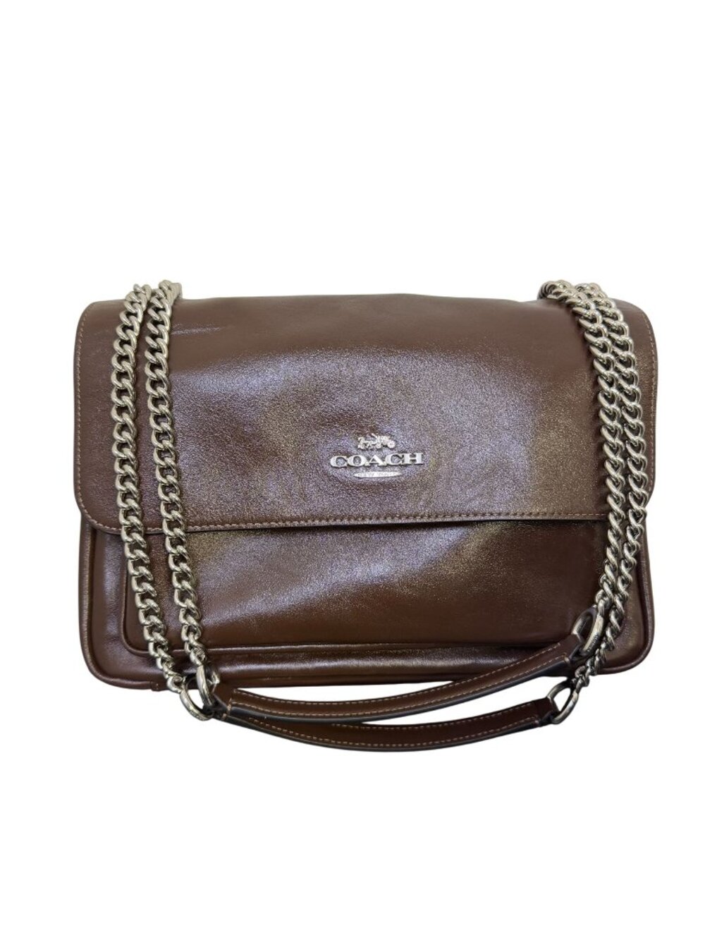 Coach Brown Leather Chain Shoulder Bag With Silver Hardware